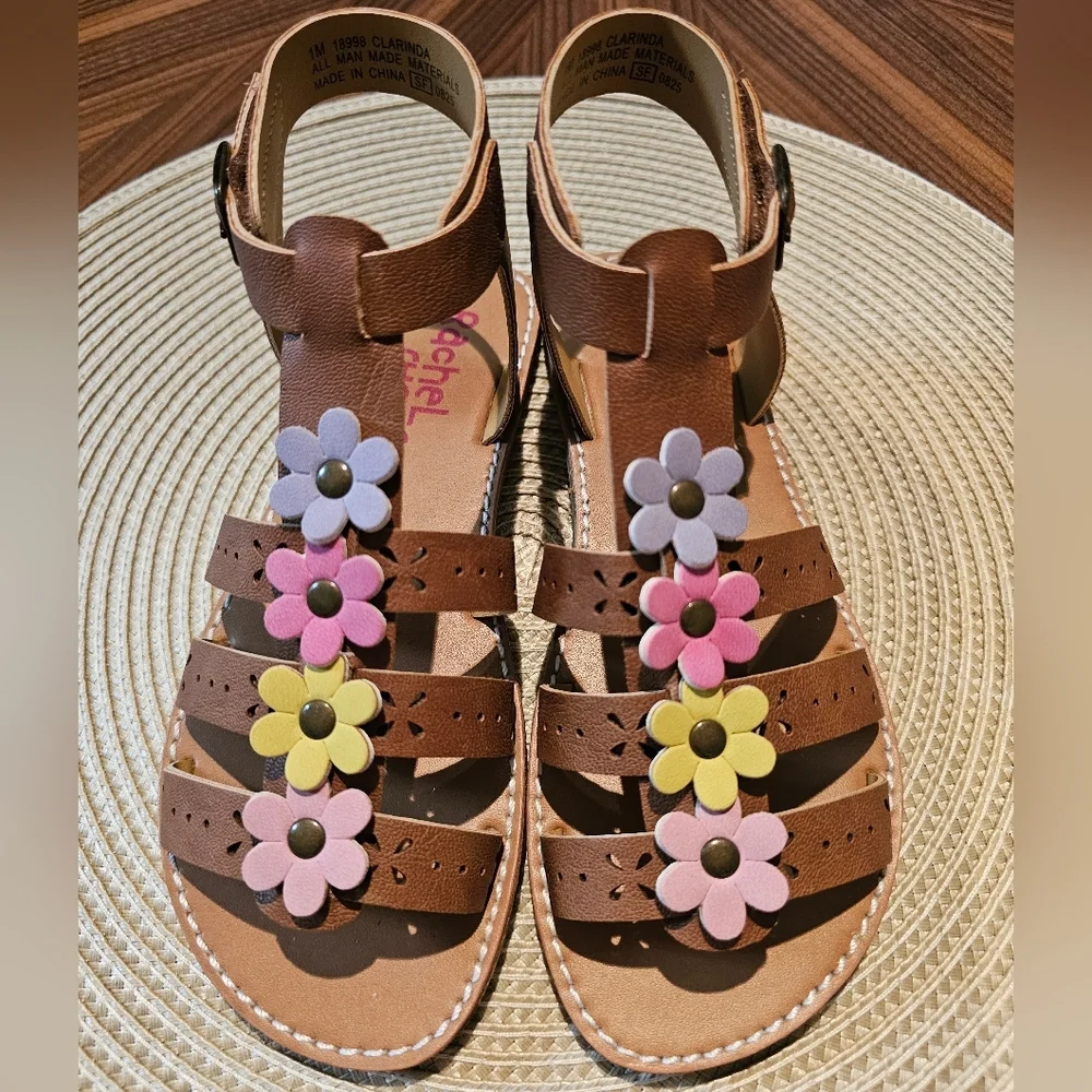 NWT Rachel Shoes Brown Sandals with Colorful Floral Design